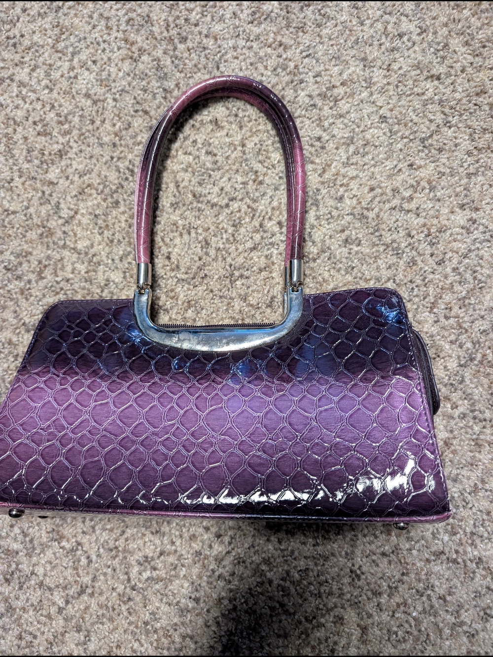 Purple Croc-Embossed Patent Leather Top-Handle Bag
